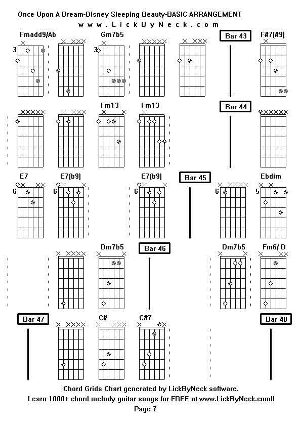 Chord Grids Chart of chord melody fingerstyle guitar song-Once Upon A Dream-Disney Sleeping Beauty-BASIC ARRANGEMENT,generated by LickByNeck software.